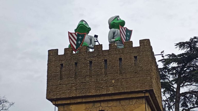 Bovenop een toren staan twee kikkers afgebeeld met een schild voor hun lijkend op de amerikaanse vlag.